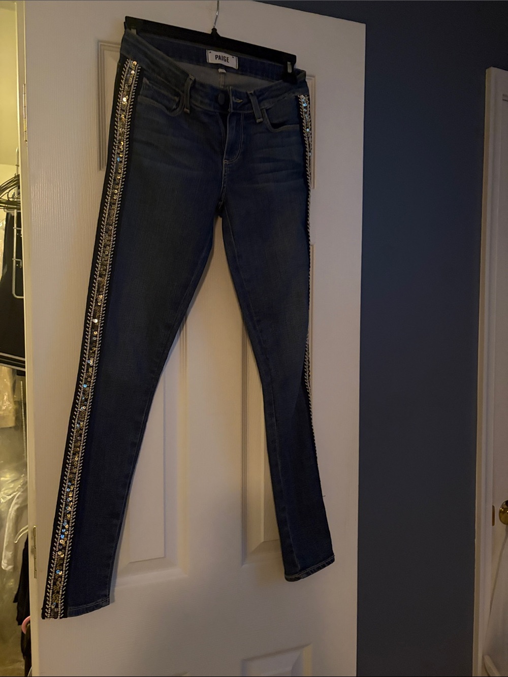 PAIGE Dark Blue Skinny Jeans with Embellished Side Stripes. Very rare!